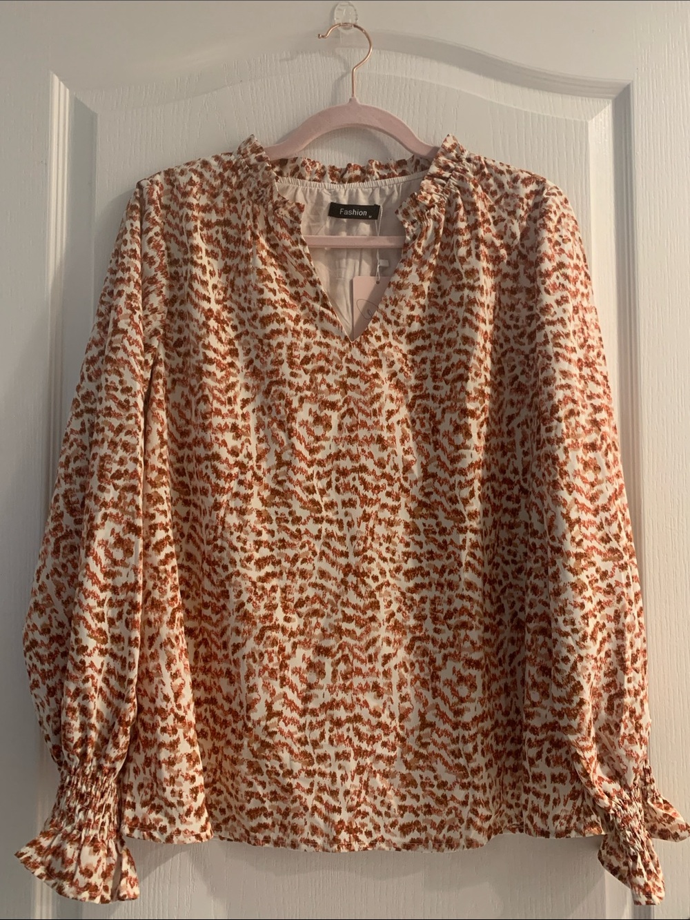 Fashion Brand Cream Blouse with Rust Print and Ruffle Neck NWT Size M